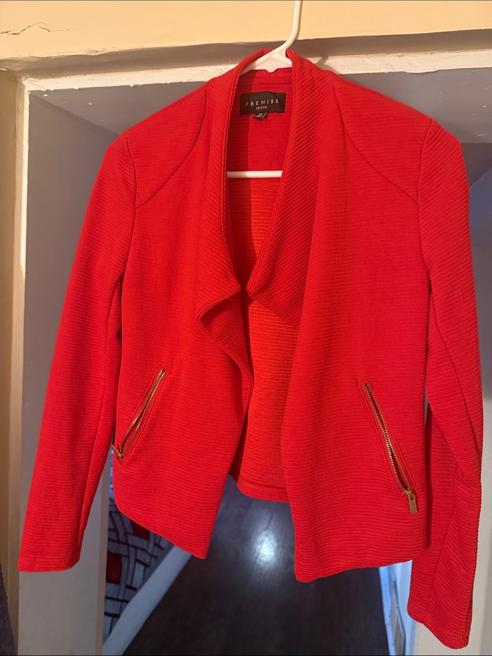 Premise Bright Red Open-Front Blazer with Gold Zippers